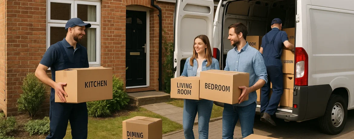 Professional movers loading boxes